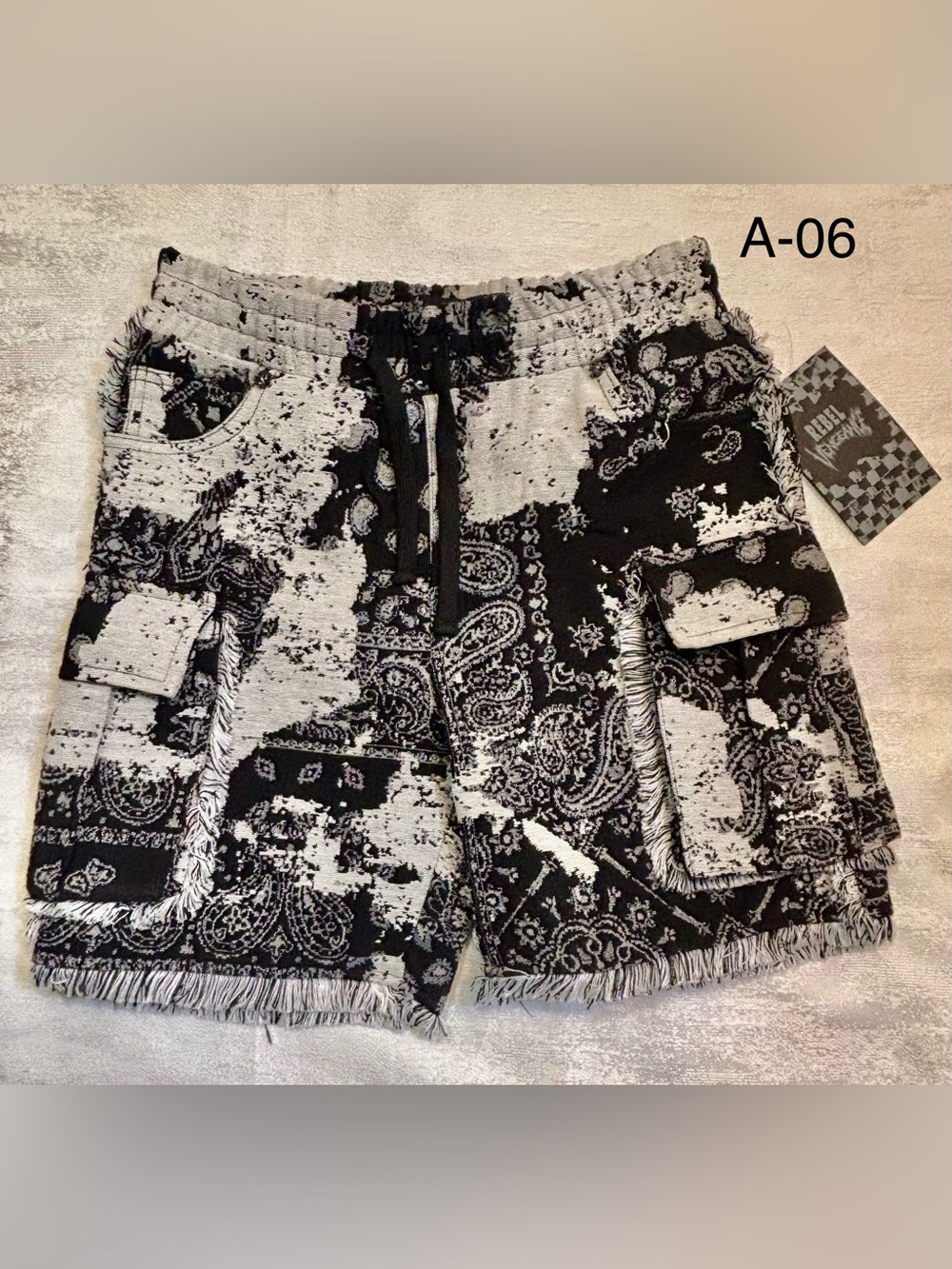 rebels Black & White Paisley Fringed Cargo Shorts